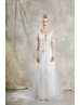 Long Sleeve Ivory Lace Tulle Illusion Buttons Back Wedding Dress